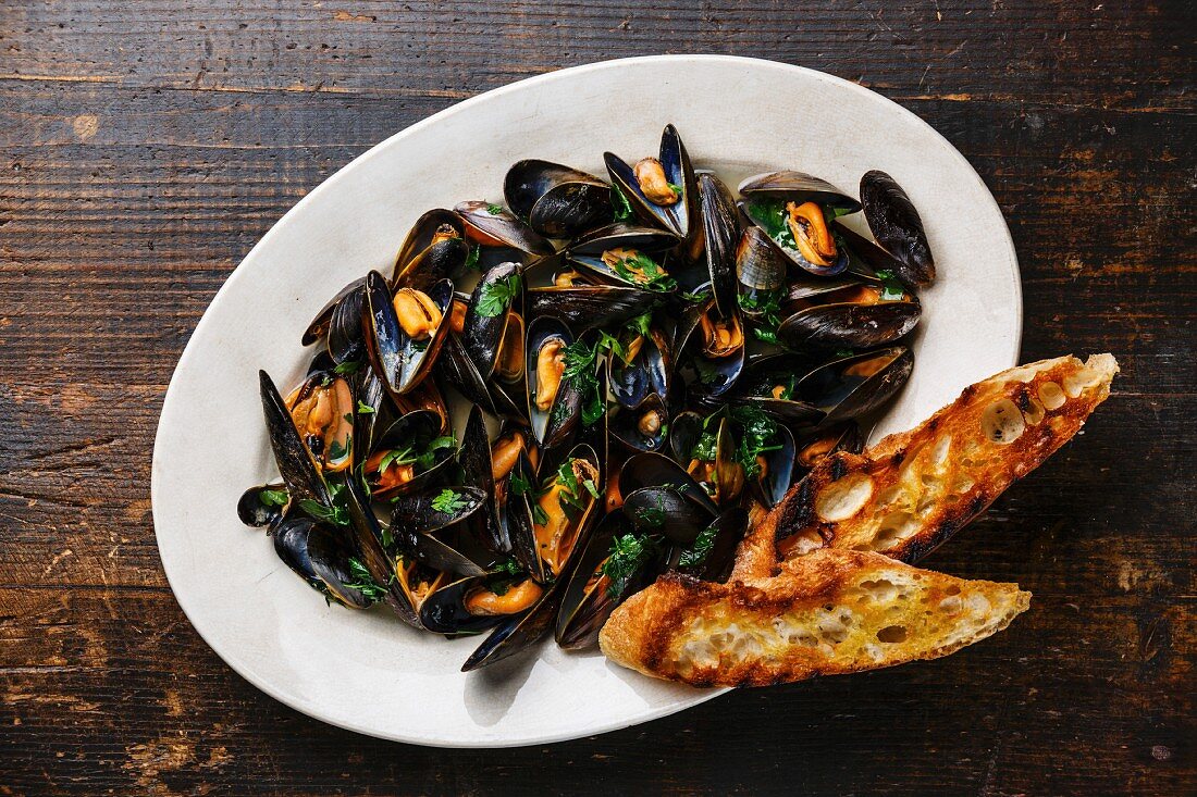 Mussels with parsley and bread toasts on plate on dark wooden background