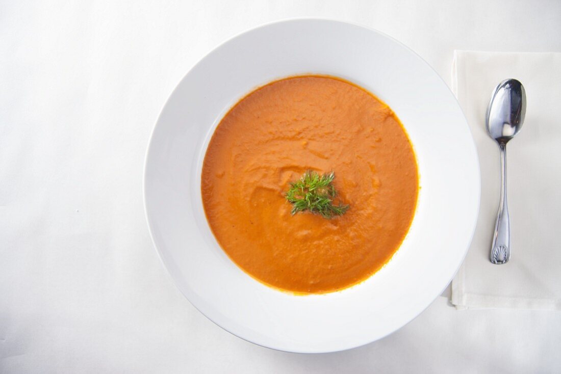 Pumpkin spice soup on white from above