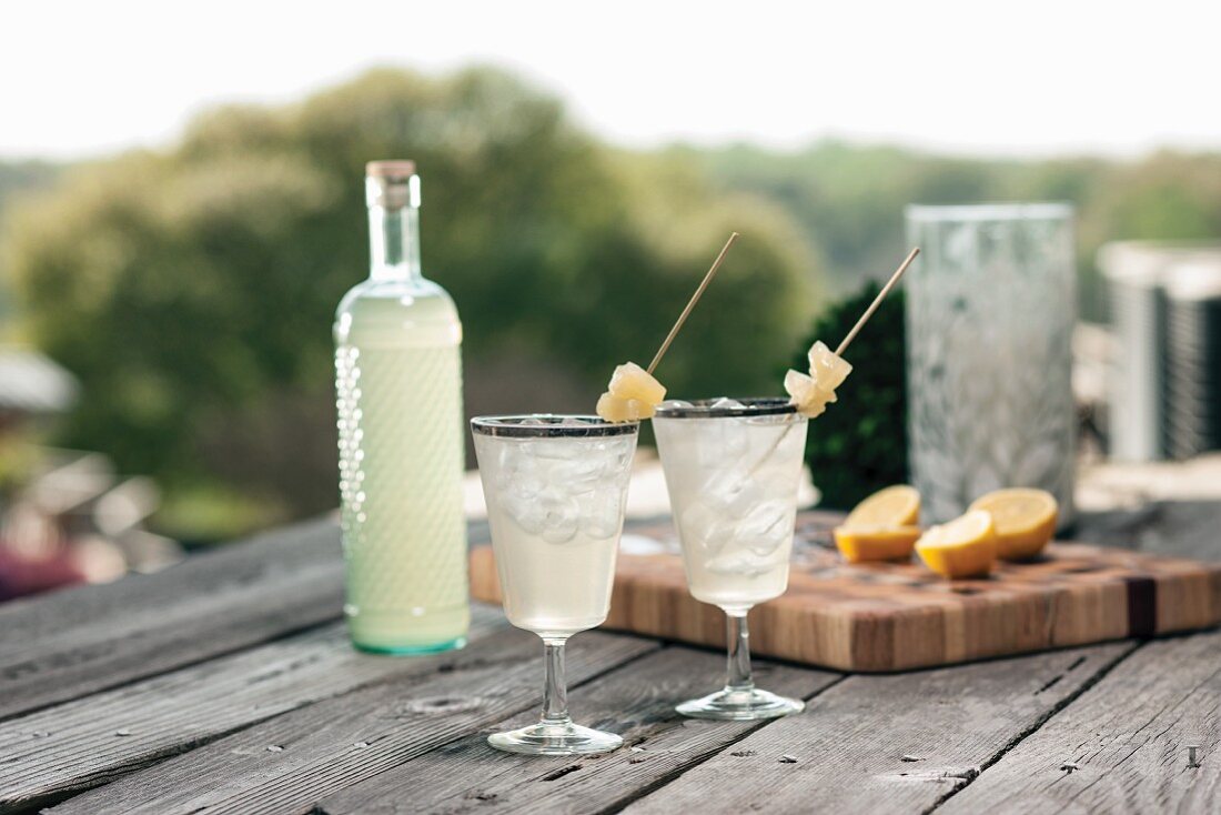 Bottled gin punch with pineapple garnish in silver rimmed glasses outdoor