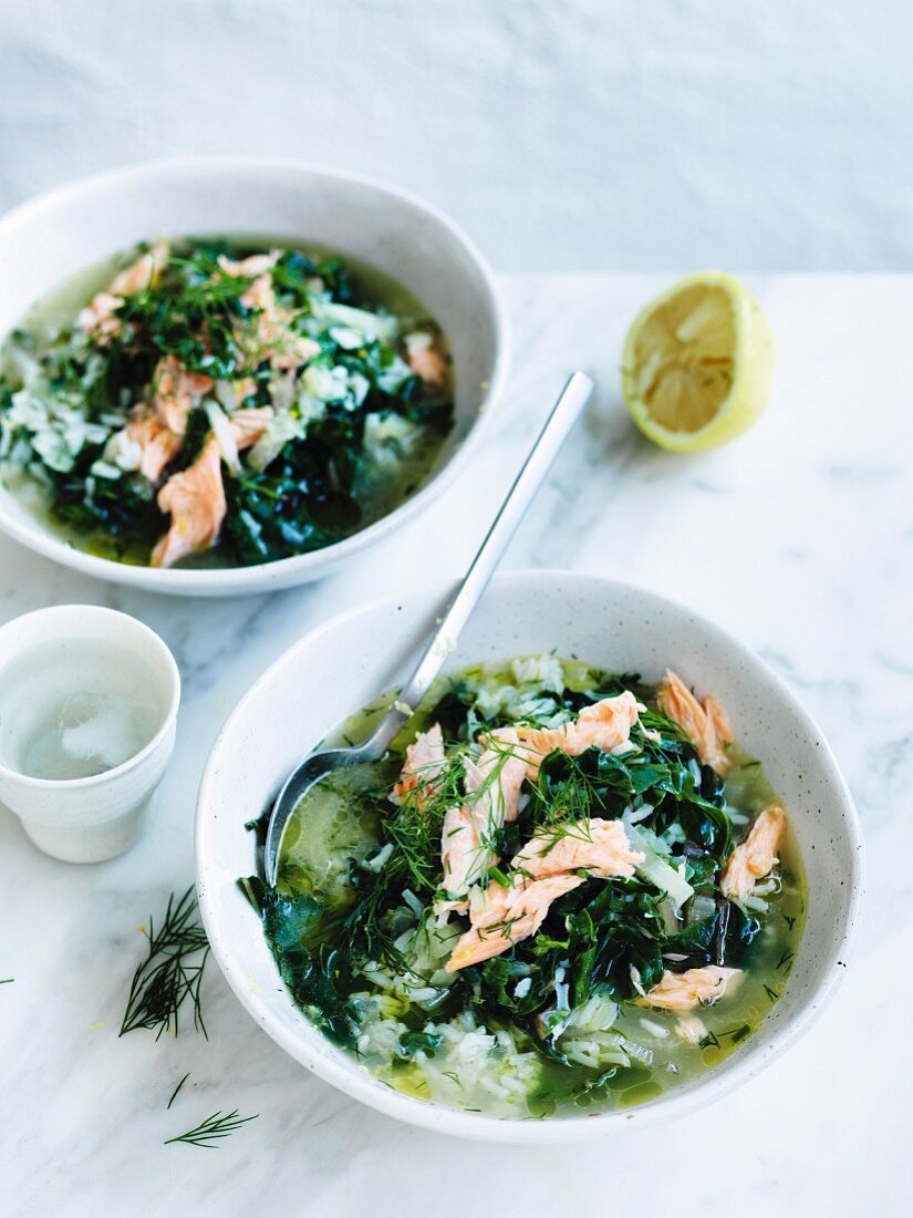 Silverbeet soup with rice, lemon and smoked trout