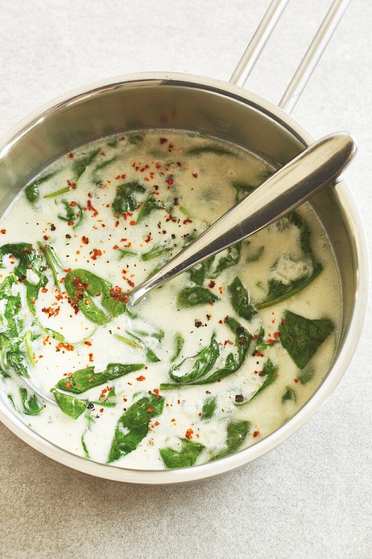 Gorgonzola and spinach sauce with chilli flakes