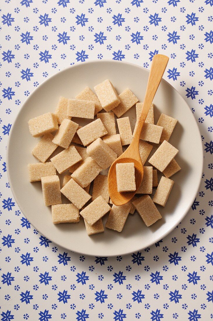Cane sugar cubes on a white plate