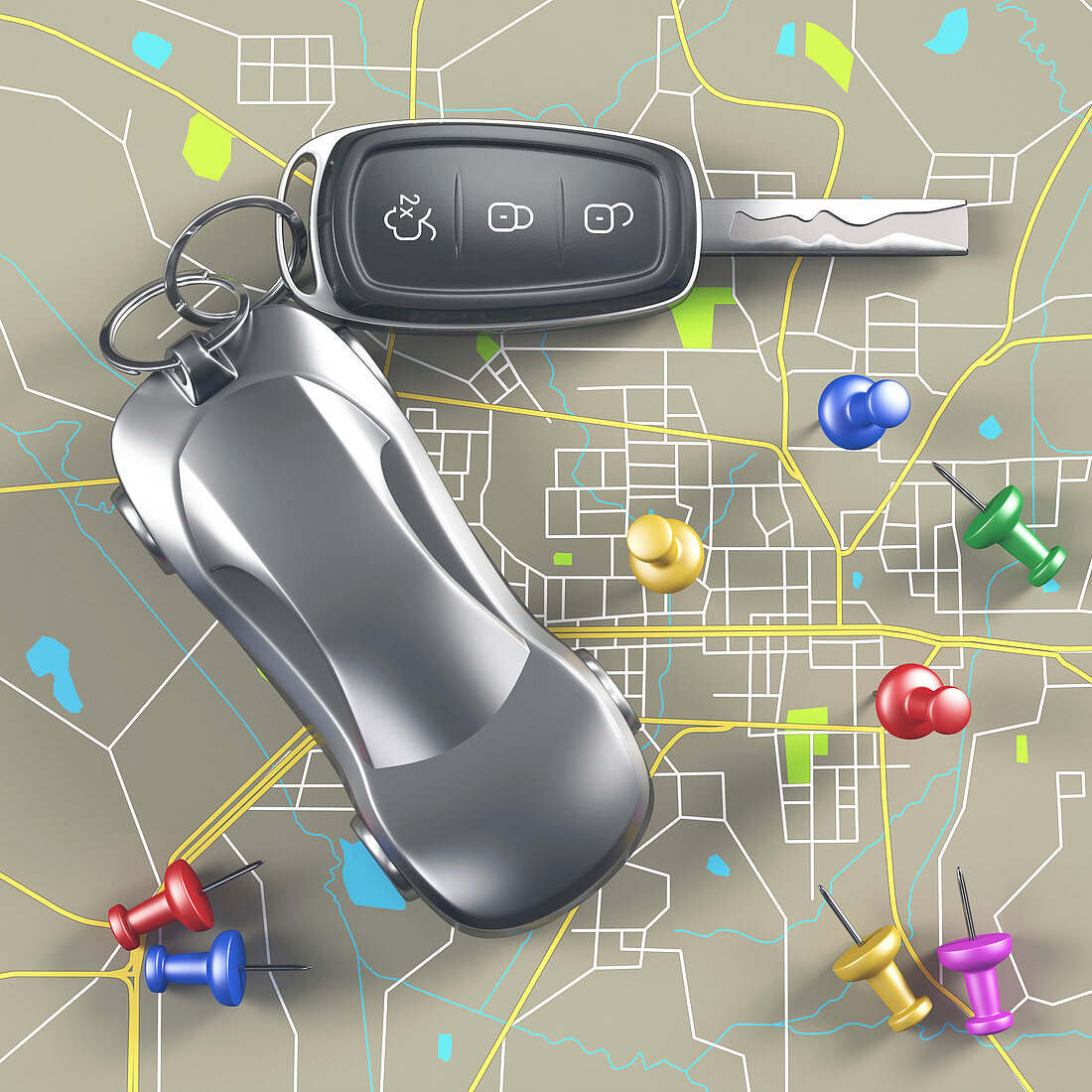 Car key and push pins in road map