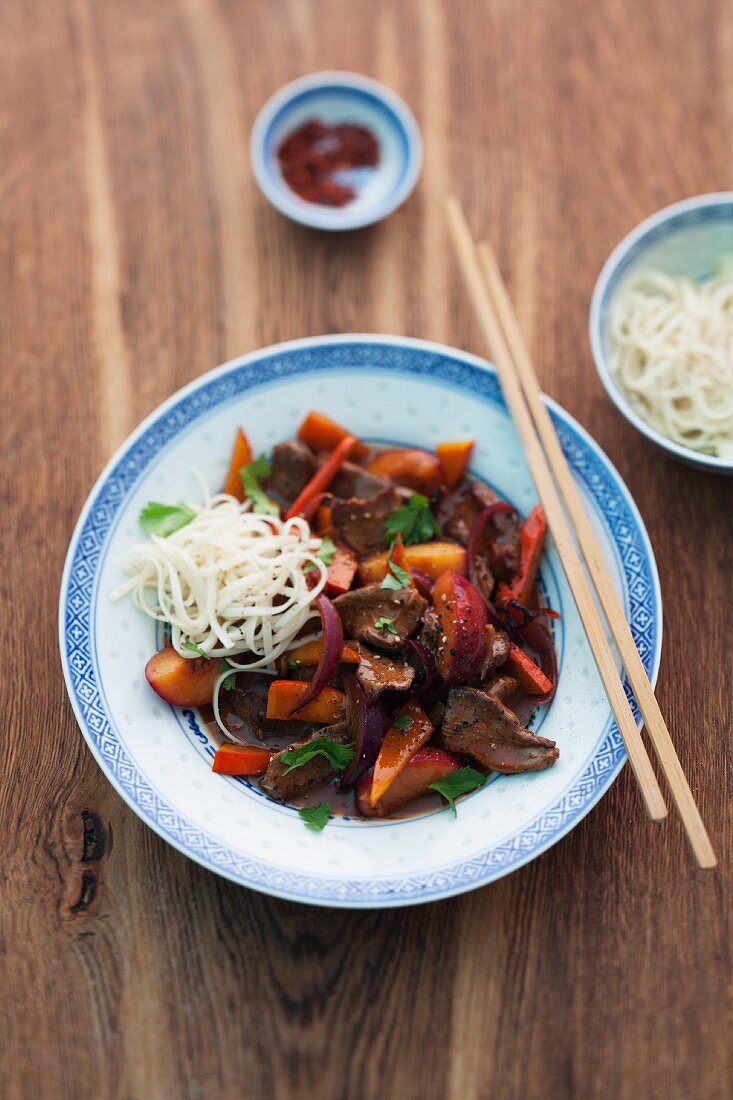 Sweet and sour duck with noodles