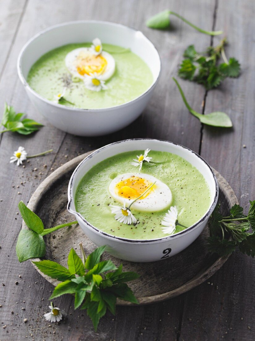 Wild herb soup with parsnips and a soft-boiled egg