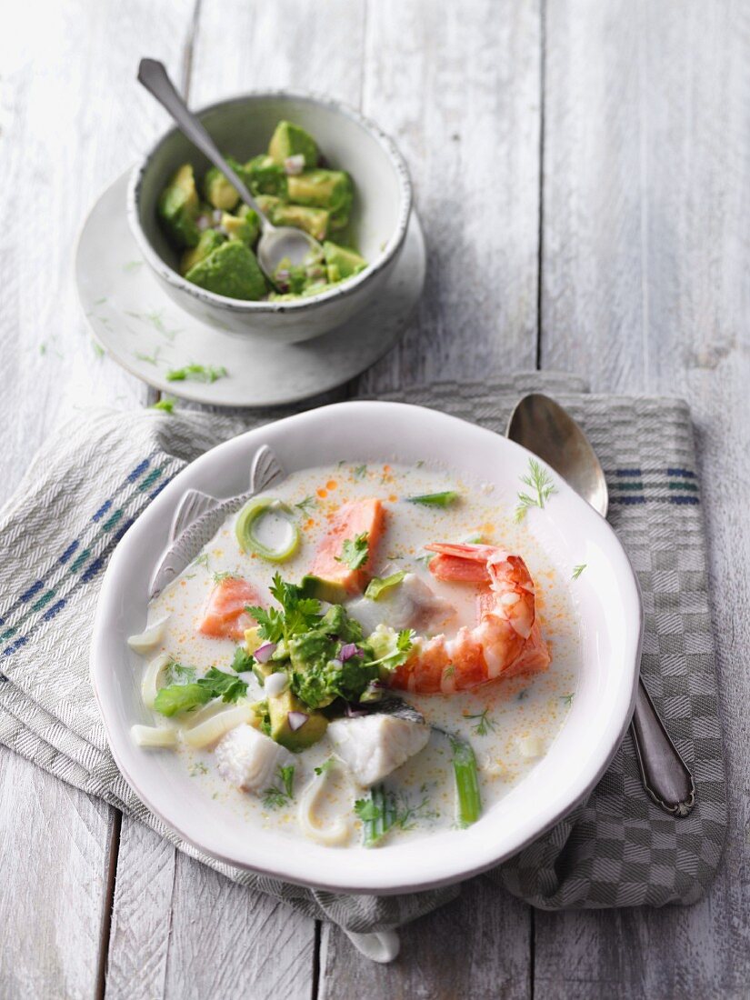 Almond fish soup with avocado