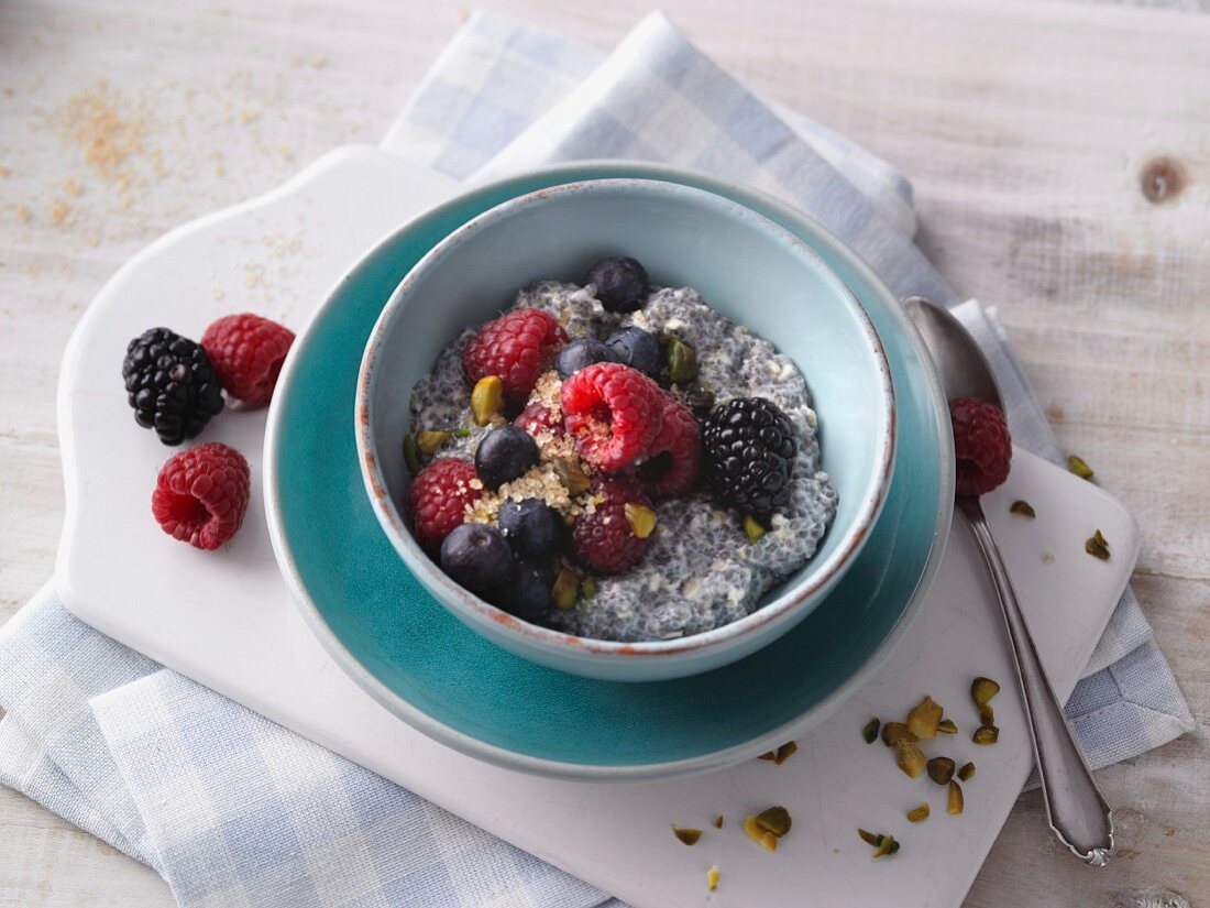 Chia pudding with almond milk and fresh berries