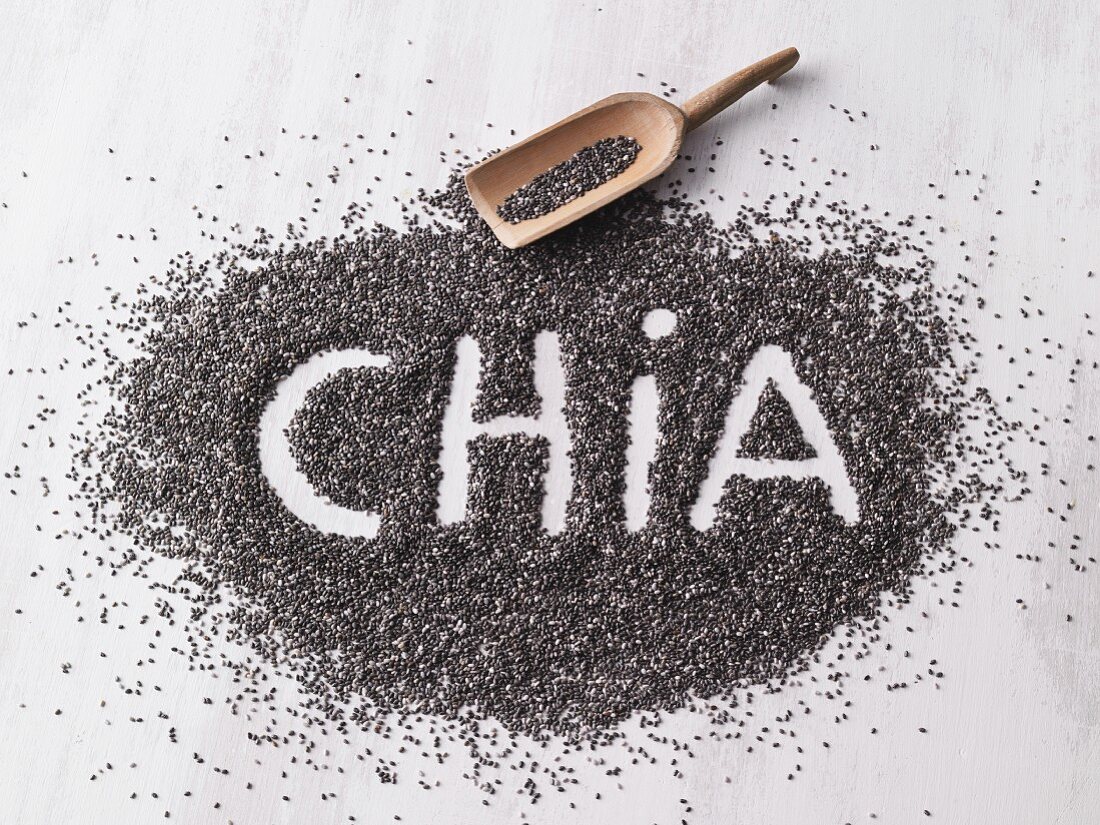 The word chia written in chia seeds