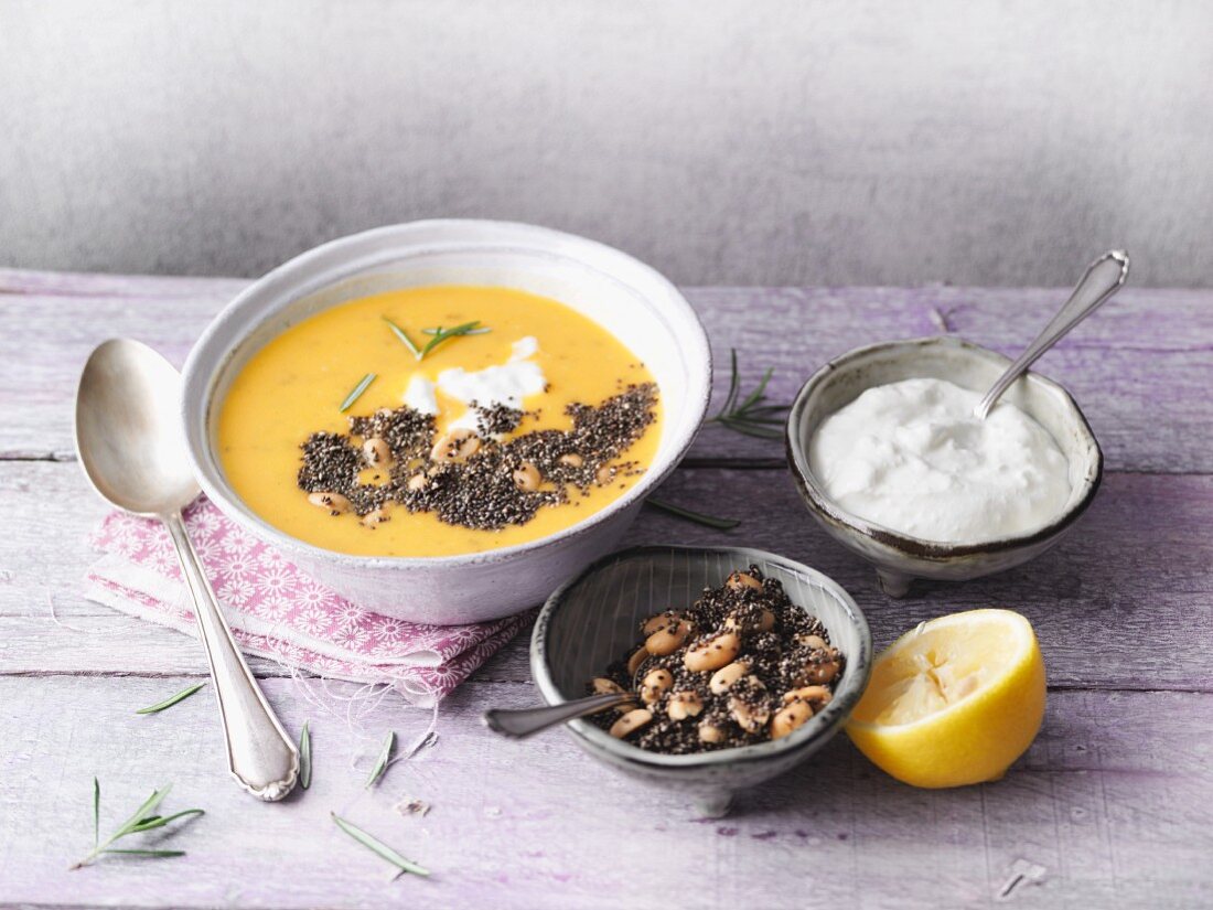 Sweet potato soup with chia seeds and peanuts