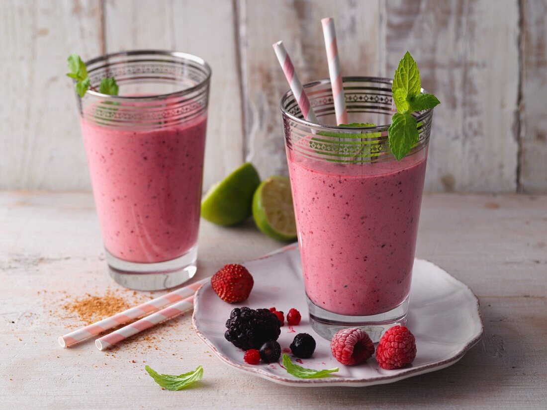 Coconut yoghurt and berry lassi with fresh mint