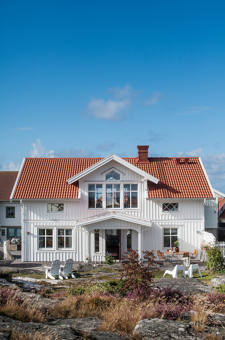 Wooden, Scandinavian-style house under blue sky