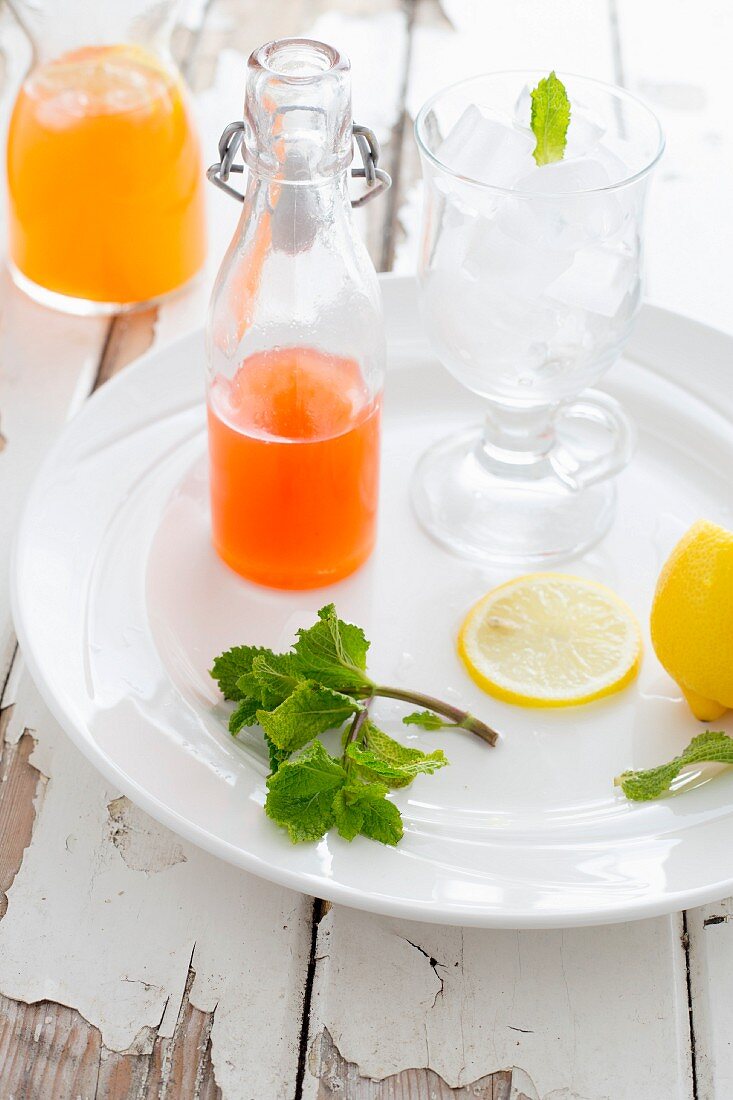 Zutaten für Pfirsichlimonade: Sirup, Eiswürfel, Minze und Zitrone