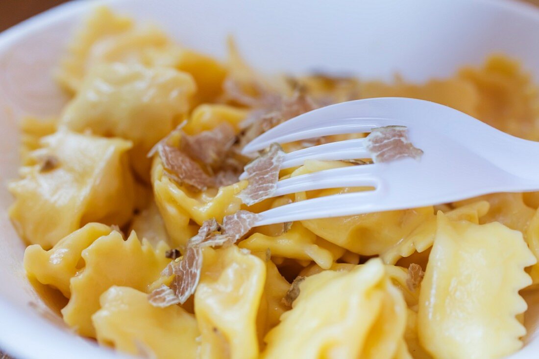 Pasta mit weissen Trüffeln auf dem Trüffelmarkt, Piemont, Italien