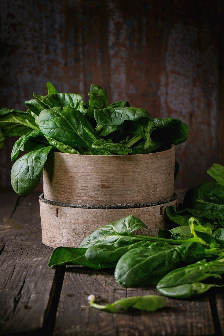 Bunch of fresh spinach with roots in vintage wooden sieve over old wooden table