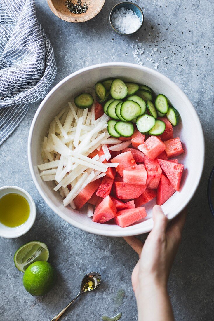 A watermelon jicama cotija salad