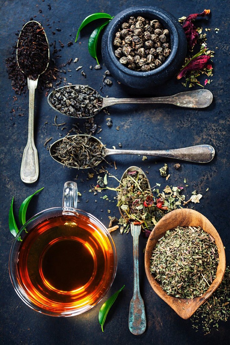 Stillleben mit verschiedenen Teesorten und aufgebrühtem Tee in Glastasse