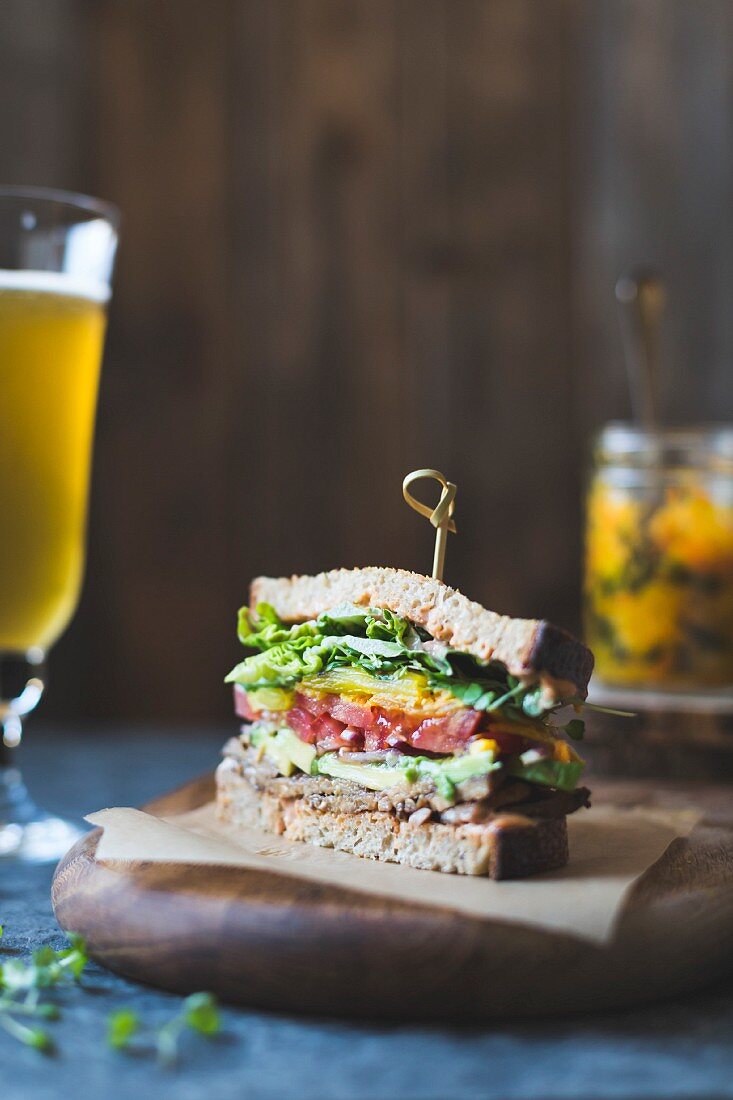 Tempah bacon, lettuce, tomato sandwich with kimchi, Avocado and Chipotle Mayonnaise