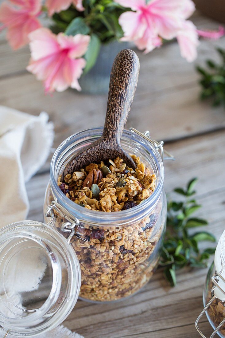 A jar of Spicy Pumpkin, Maple, and Tahini Granola