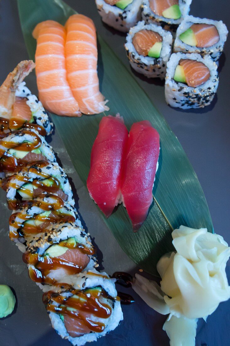 Different varieties of maki sushi and nigiri sushi