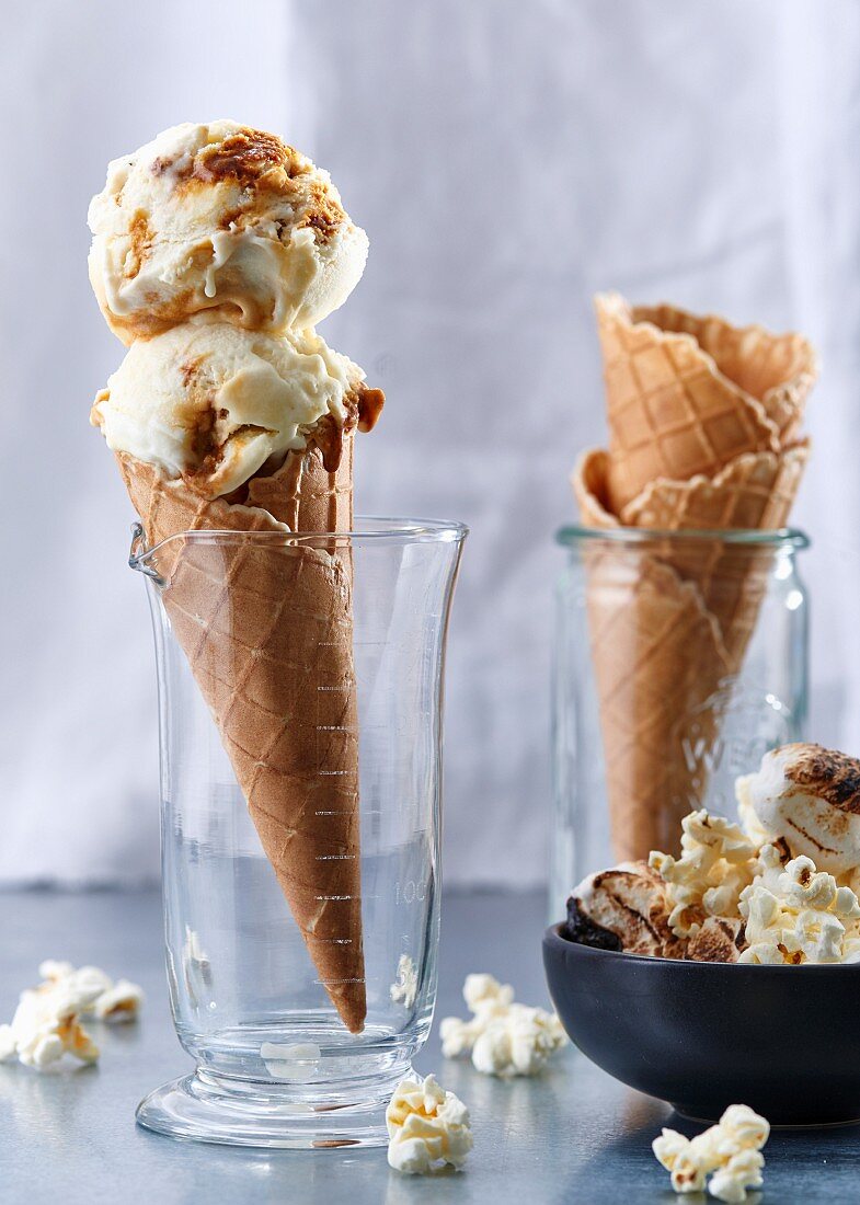 Caramel ice cream in a cone