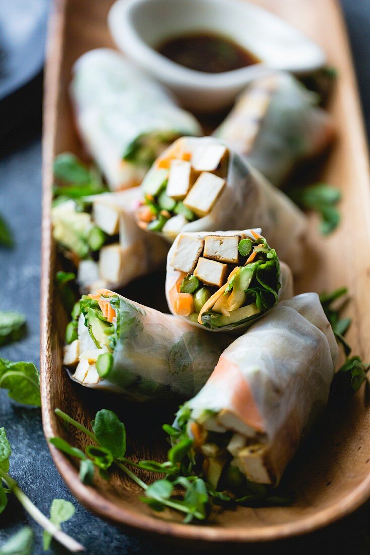 Grilled asparagus tofu spring rolls with ginger-lime dipping sauce