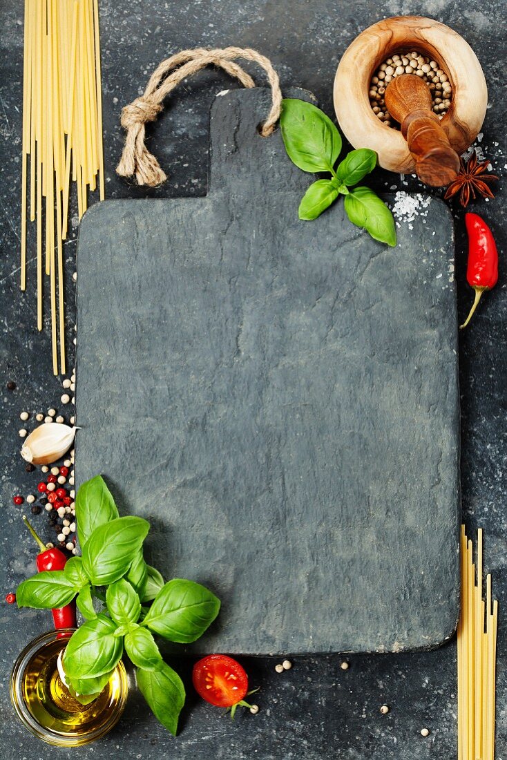 Vintage cutting board and fresh ingredients