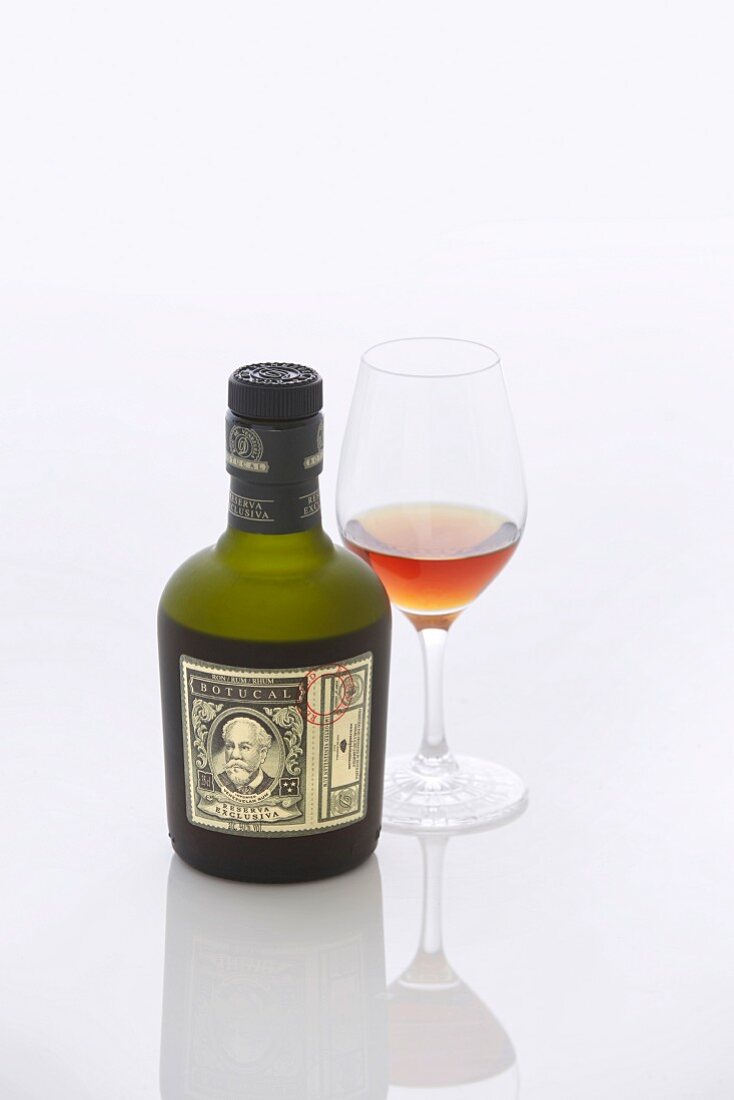 A bottle and a glass of 'Ron Botucal Reserva Exclusiva' rum from Venezuela