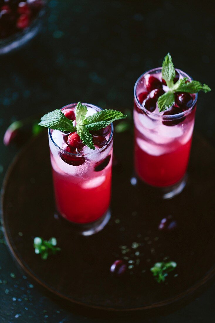 Cranberry and Mint Rum Punch in tall glasses