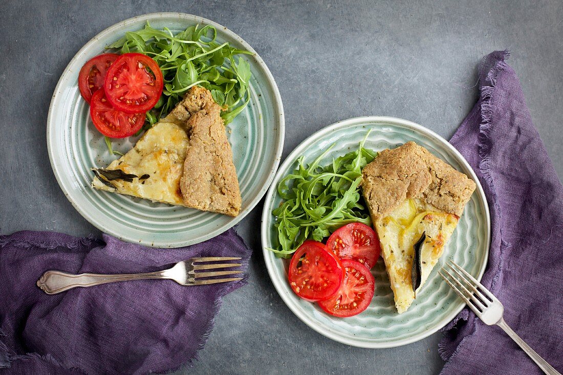 Potato Sage Gruyere Galette served with tomatoes, arugula and white wine