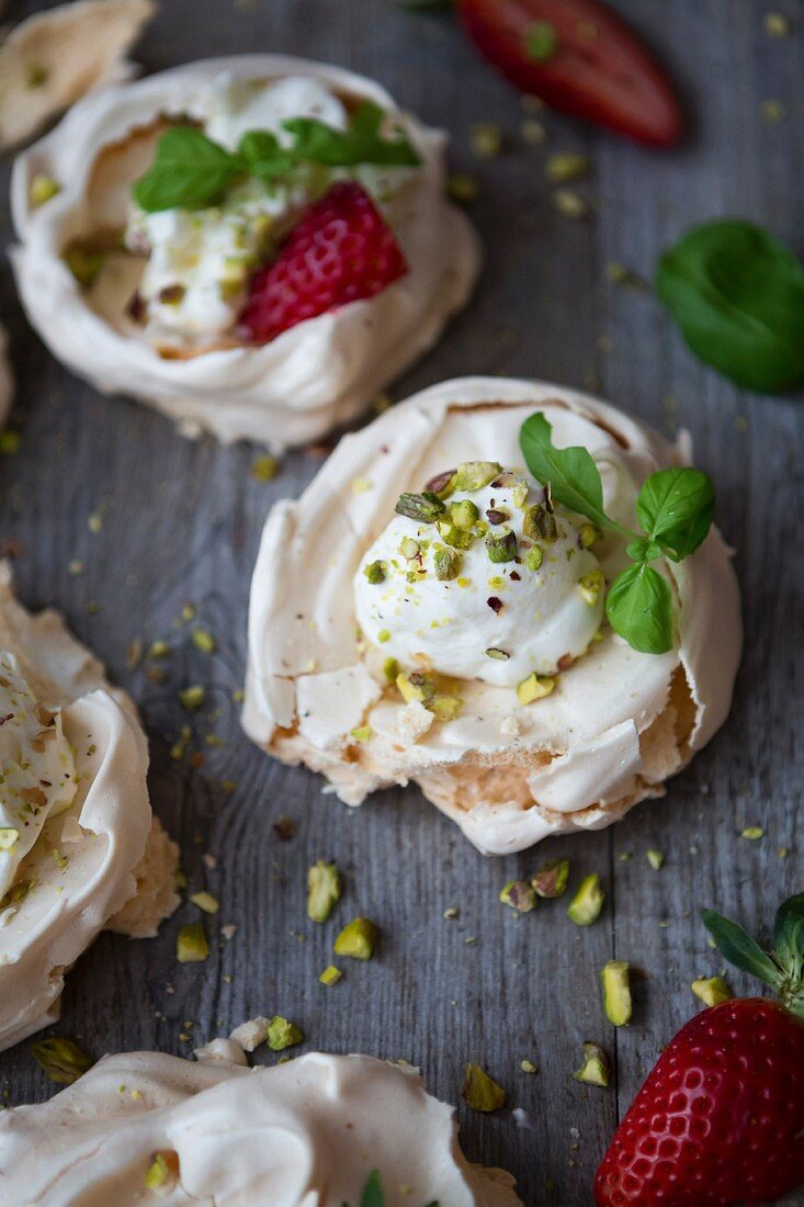 Strawberry, Pistachio and Basil Mini Meringues