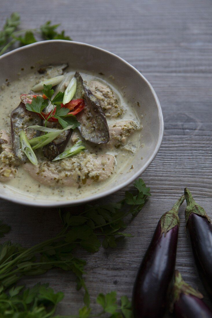 Bowl of Thai Green Curry with Aubergine and Coriander