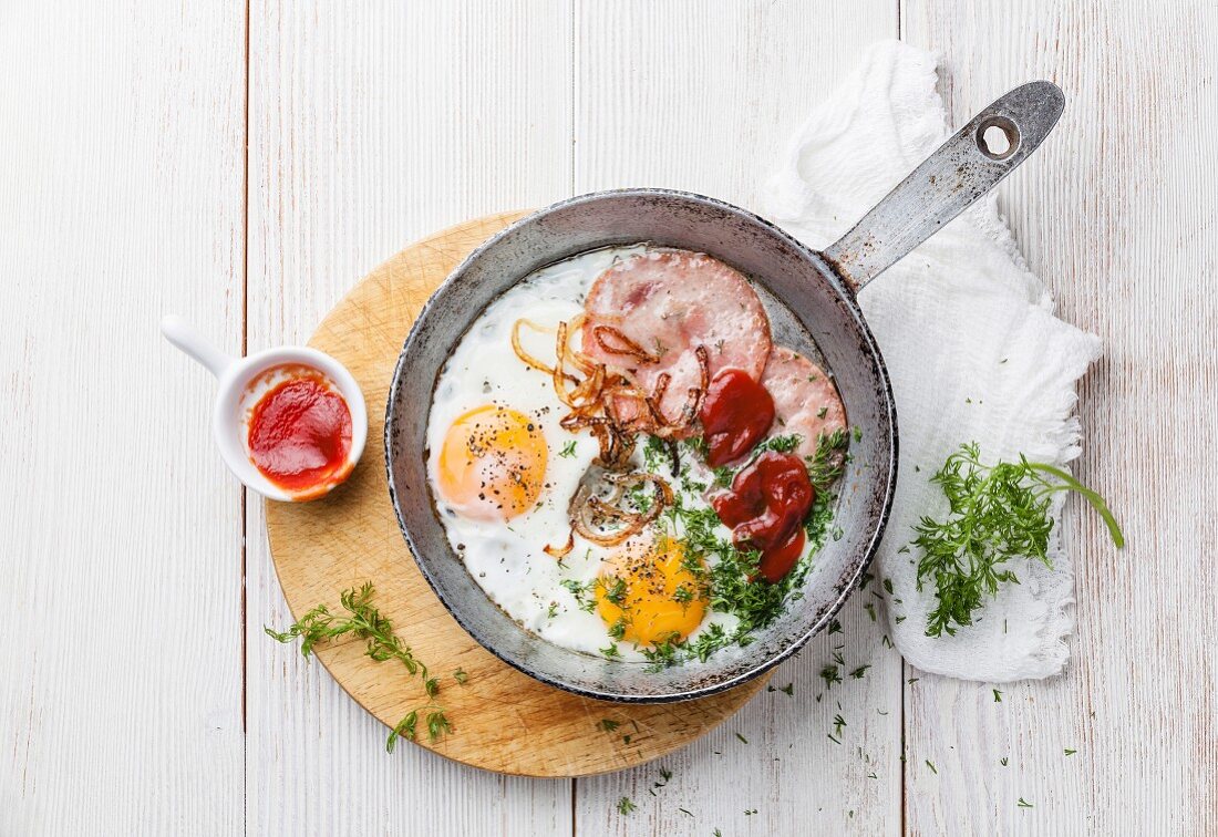 Breakfast with Fried eggs and sausage on pan