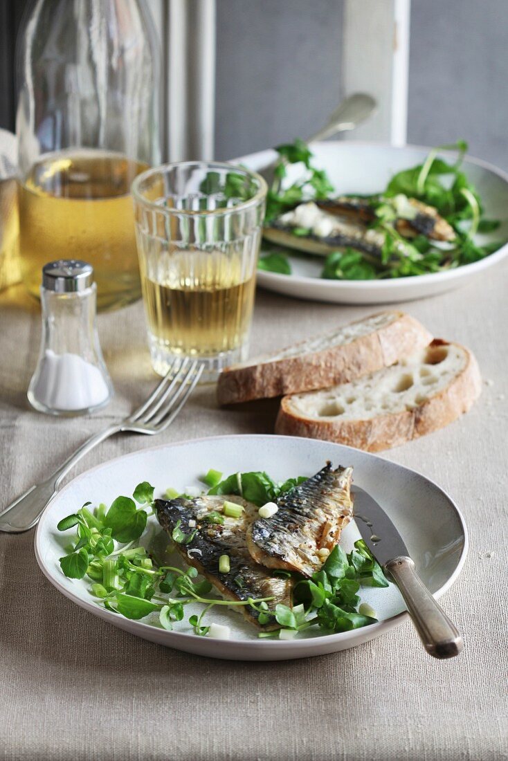 Two fillets of grilled mackerel fish on a plate with watercress salad and a glass of wine