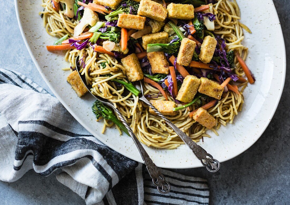 Curried noodles with crispy tofu and winter vegetables, gluten-free and vegan