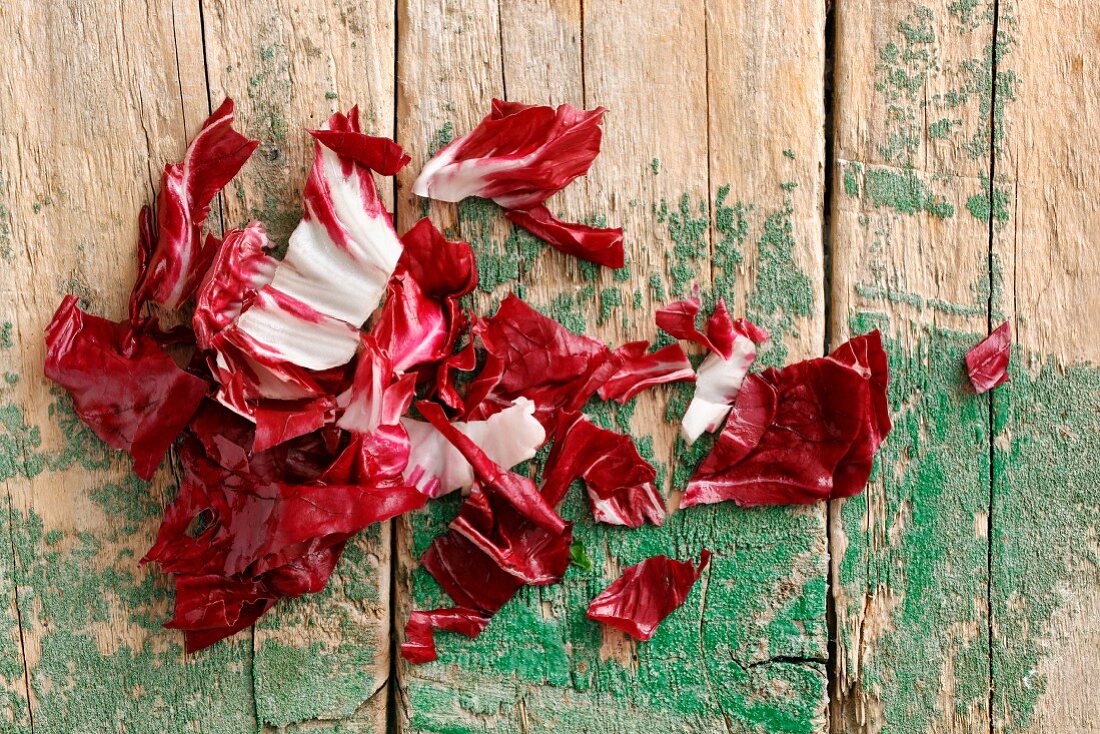 A chopped radicchio salad on a wooden background