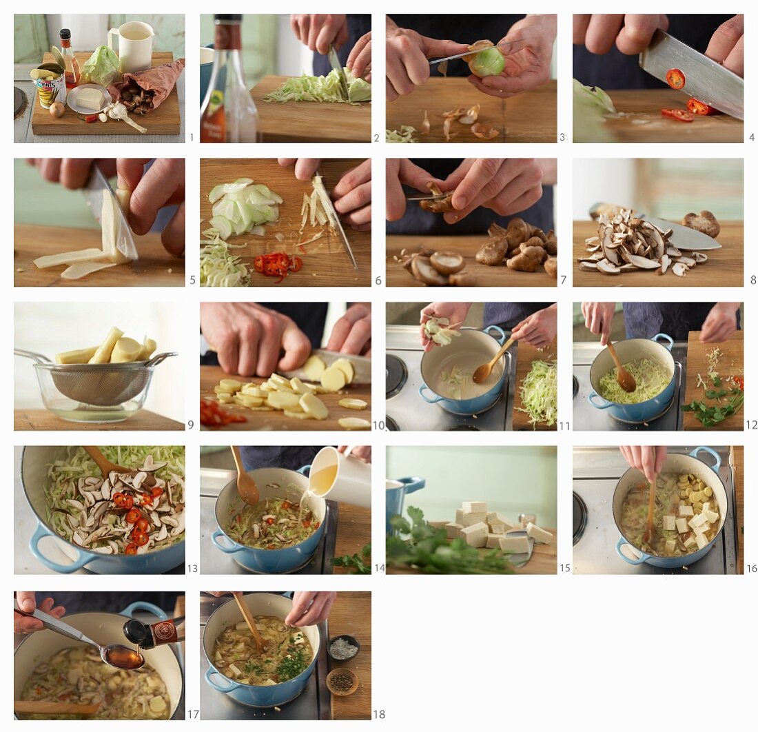 How to make Asian cabbage soup with tofu, bamboo and shiitake mushrooms