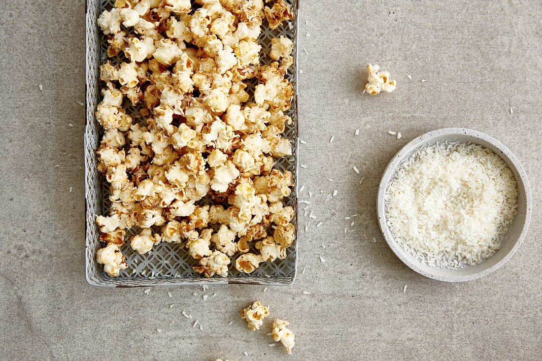 Homemade exotic coconut popcorn with cinnamon and ginger