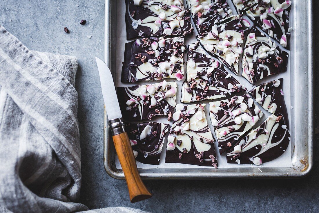 All-natural dark chocolate peppermint bark with cacao nibs and flaky salt
