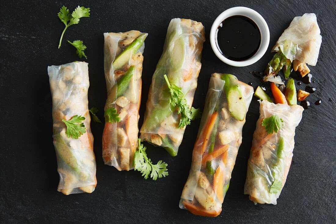 Rice paper rolls filled with chicken breast and vegetables with a balsamic reduction