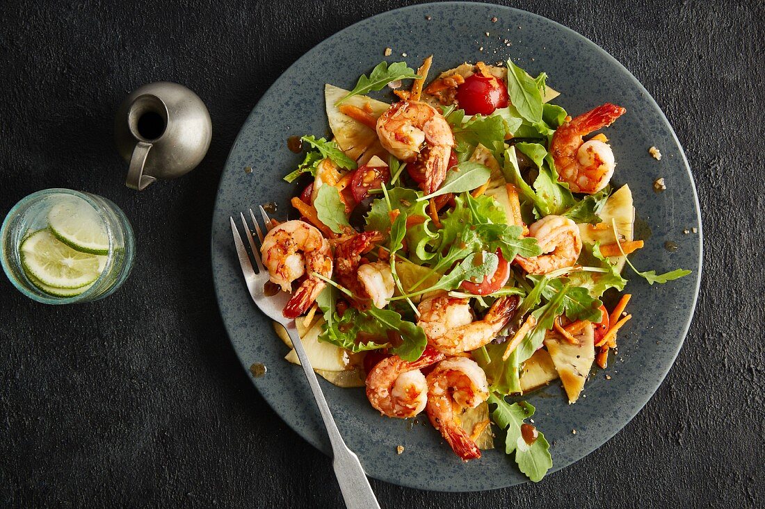 Prawn salad with pineapple, rocket and lettuce