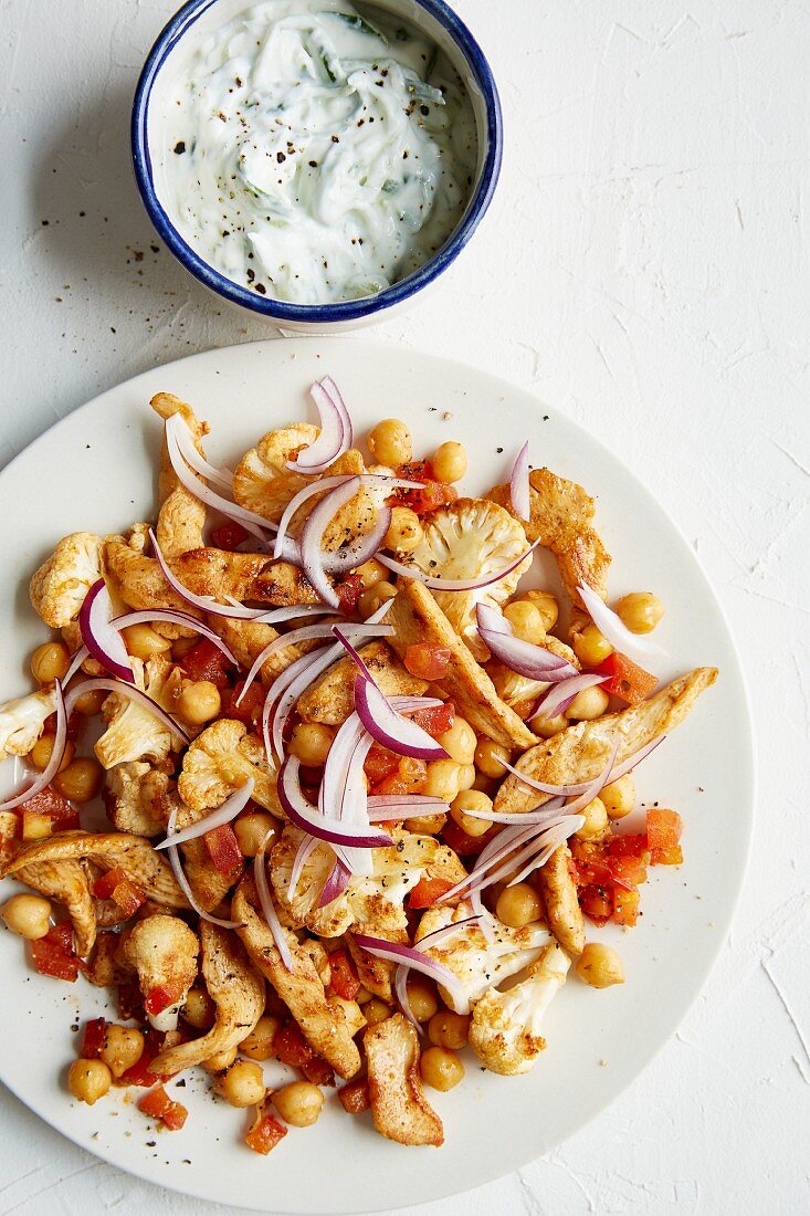 Chicken gyros with chickpeas and fried cauliflower