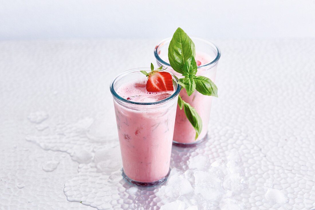 Strawberry and kefir drink with acacia honey and basil