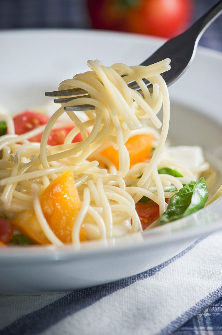 Spaghetti Tossed with Fresh Vegetables in a White Bowl with a Fork