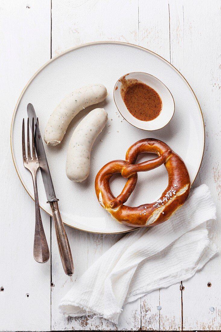 Bavarian snack with weisswurst white sausages