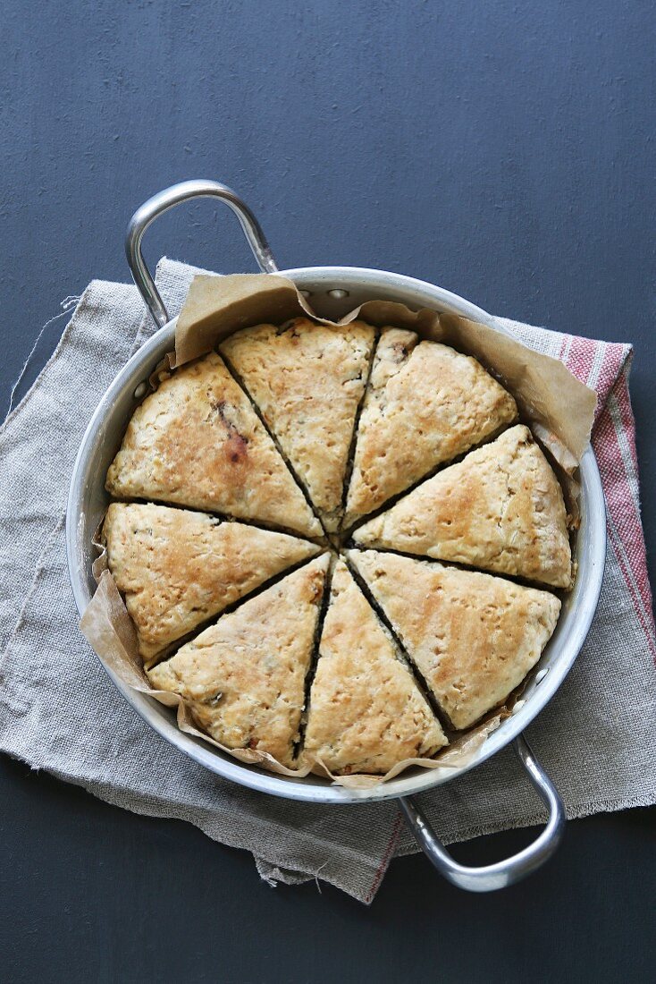 Freshly baked scones in an aluminum pan