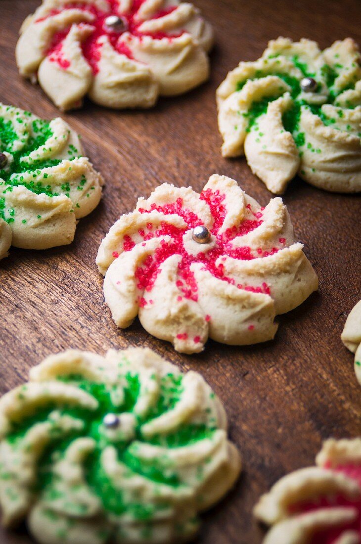 Crown Shaped Cookie Press Holiday Cookies with Colored Sugar Decoration