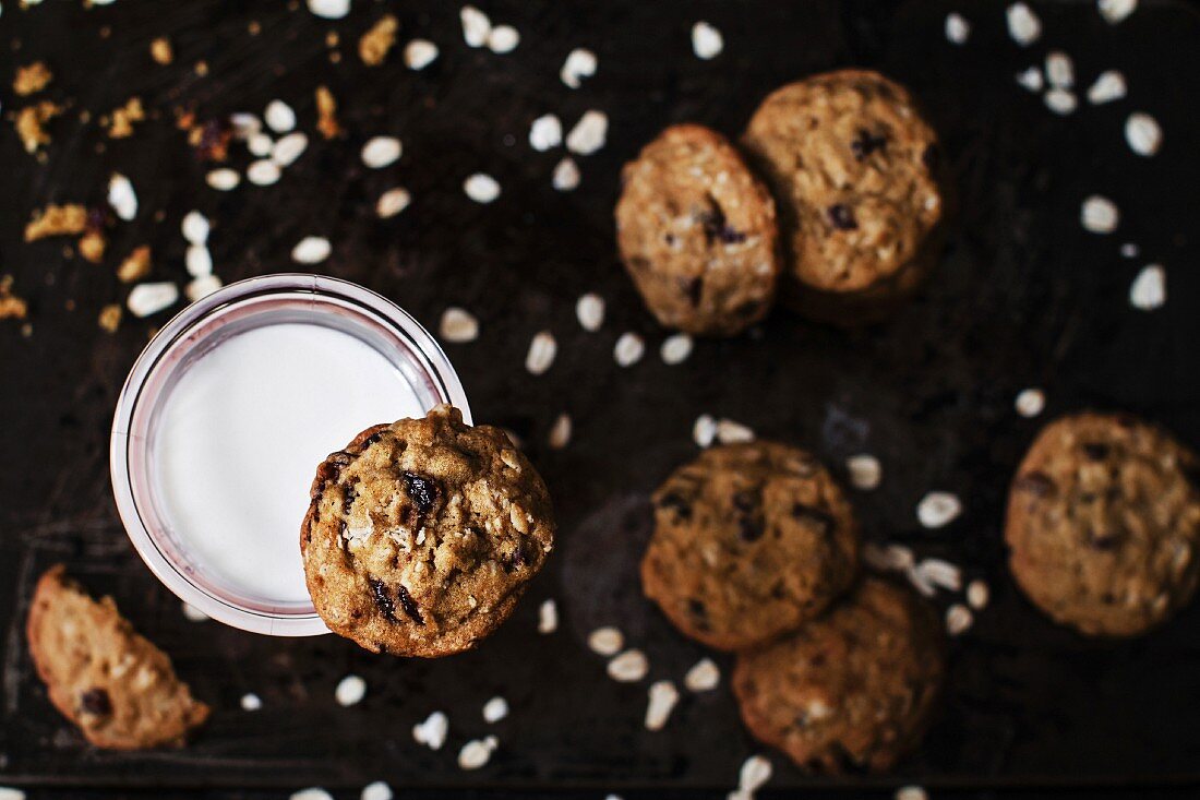 Rich oat cookies with raisin and chocolate chips, having crunchy edges and flavorful chewy center