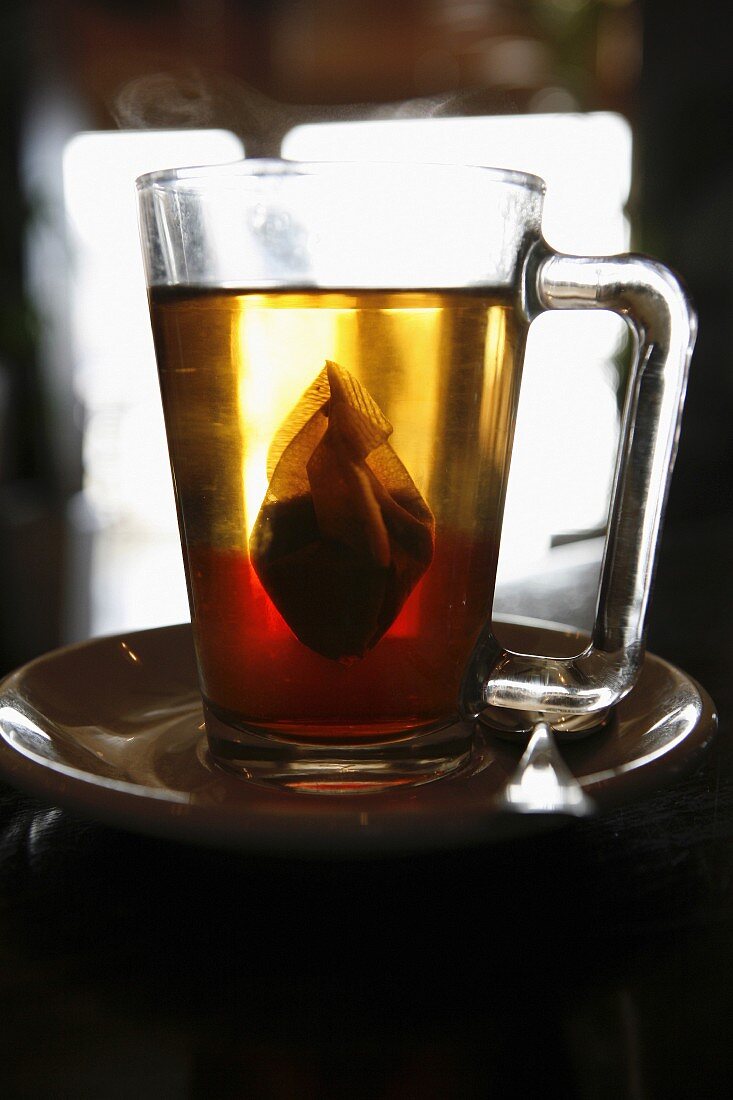 Aufgebrühter Tee mit Teebeutel in Glastasse