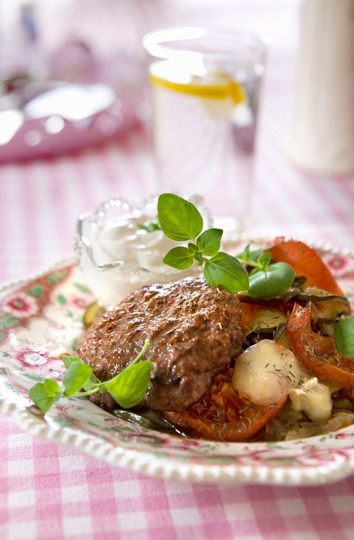 A grilled hamburger with tomato, cheese and yoghurt sauce