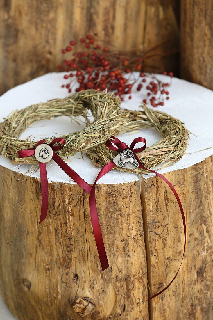 Two hay rings decorated with red bows on a white tree trunk surface